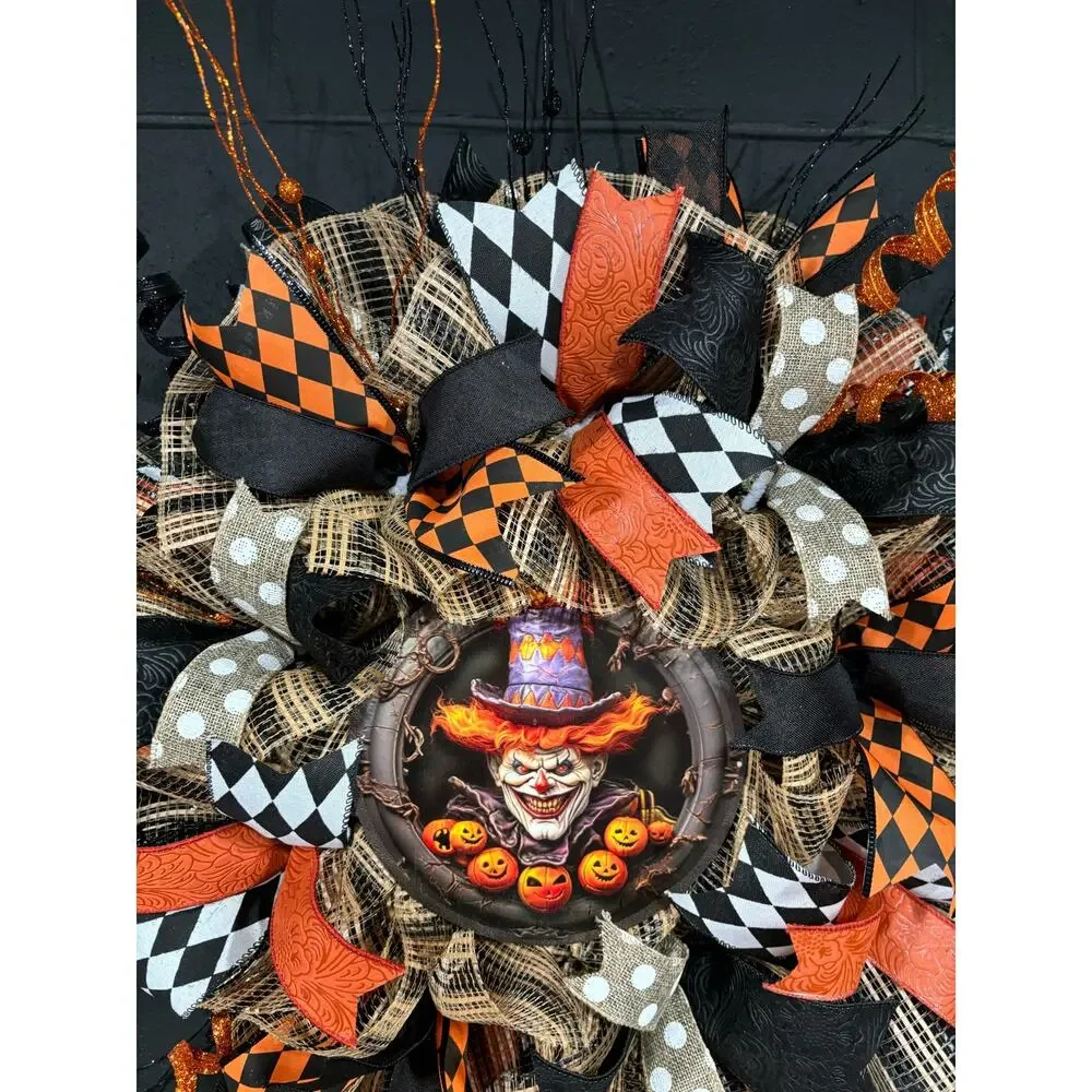 Halloween Wreath For Front Door Scary Clown Orange and Black Handmade 28 in